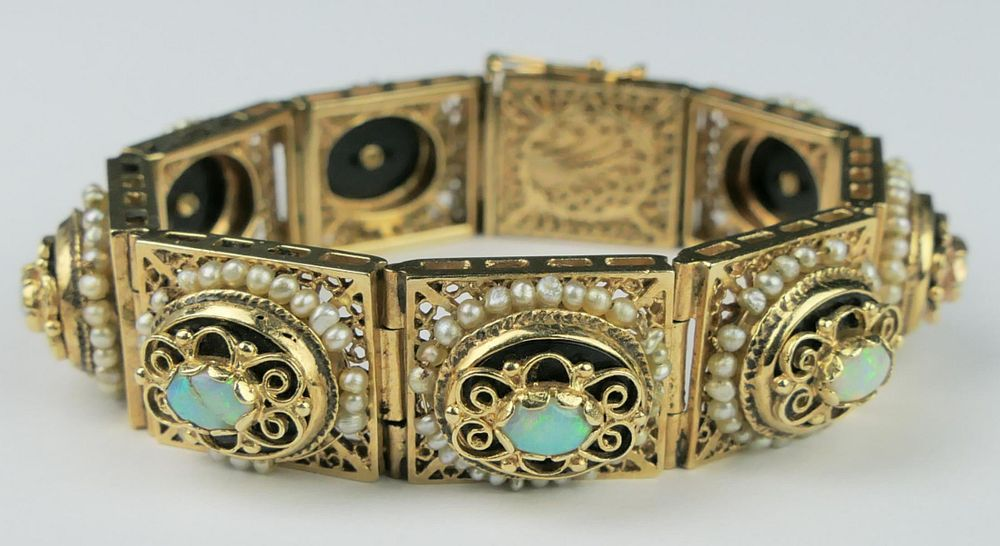 HEAVY 14KT Y GOLD OPAL AND SEED PEARL BRACELET Bracelet