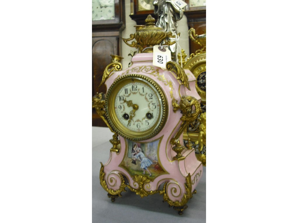 French pottery and ormolu mounted two train mantel clock the