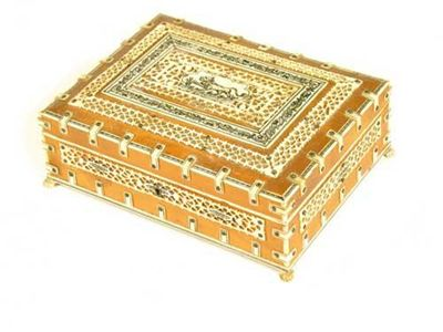 An Anglo Indian sandalwood ivory and lac decorated box the