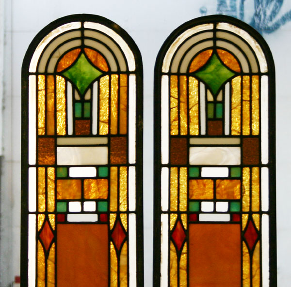 Pair Arts and Crafts Prairie Style leaded stained glass windows