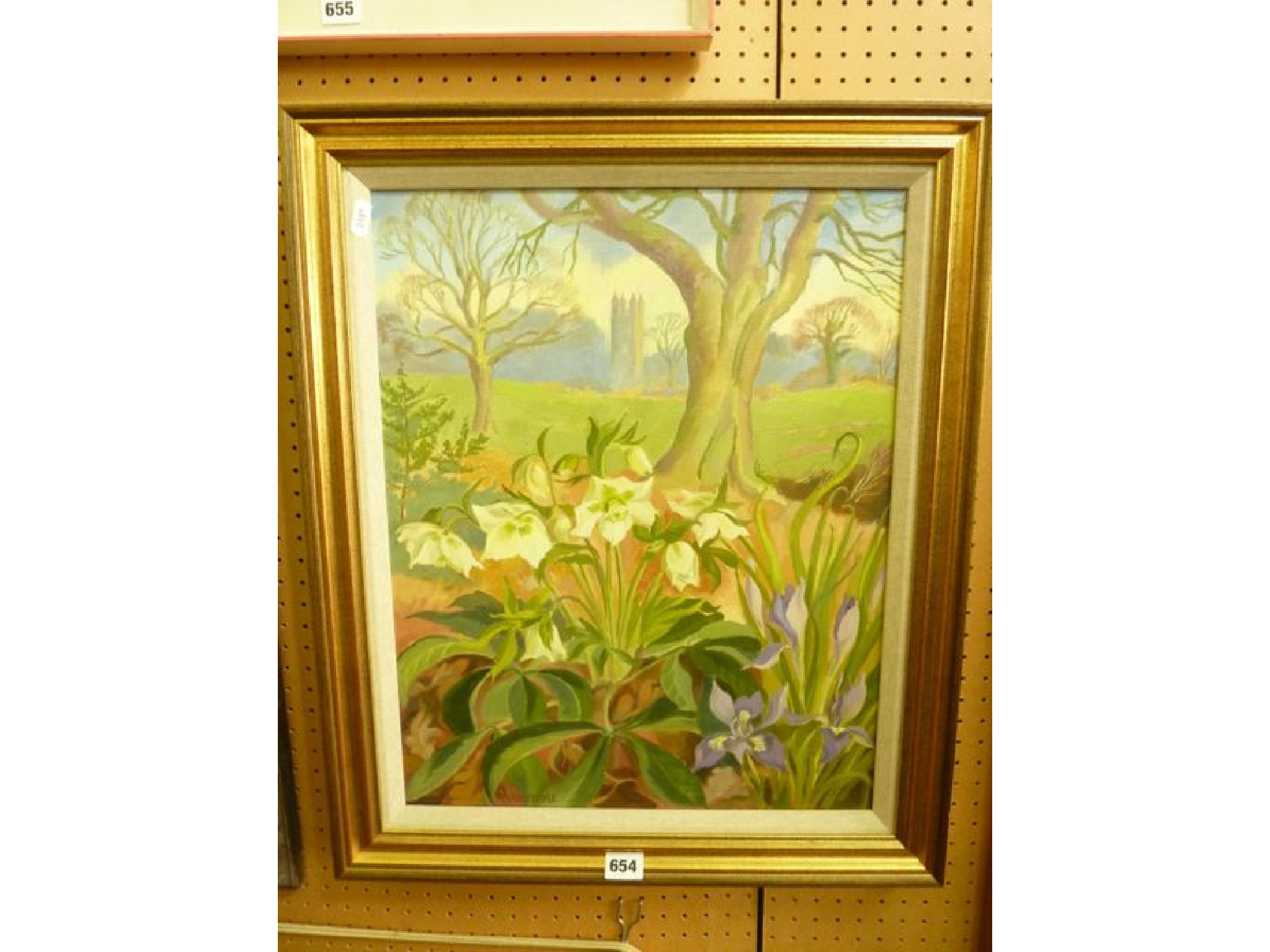 An oil painting on canvas of hellebore and iris in