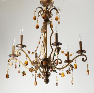 Patinated chandelier with amber glass prisms 30 h Patinated metal
