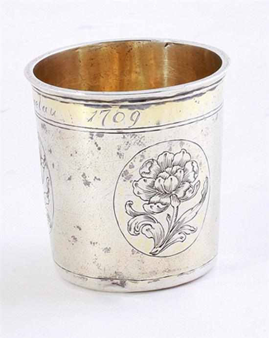 Continental silver beaker dated 1709 tapered cylinder engraved D Kruger