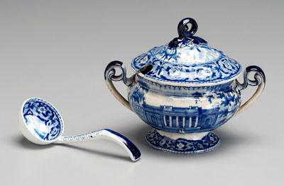 Historic Staffordshire Boston blue transfer lidded sauce tureen scene with