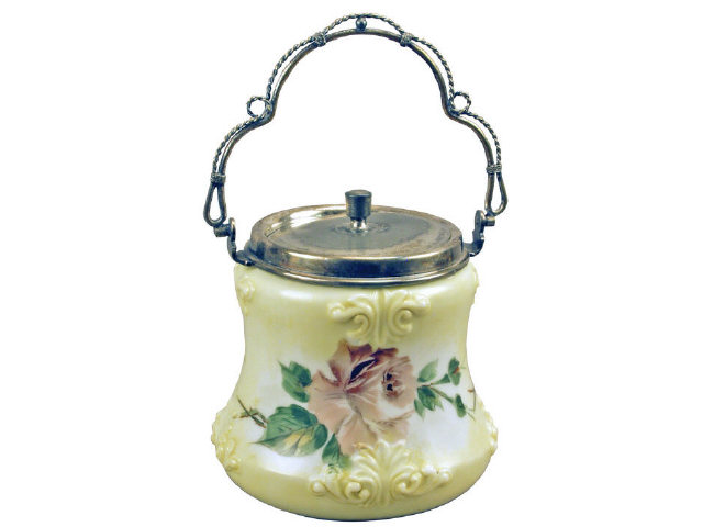 Terrific hand painted Wavecrest opal ware biscuit jar with silver