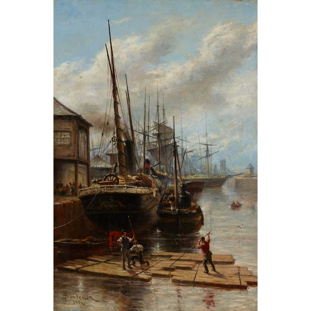 ROBERT SANDERSON SCOTTISH 1848 1908 A BUSY HARBOUR SCENE Signed