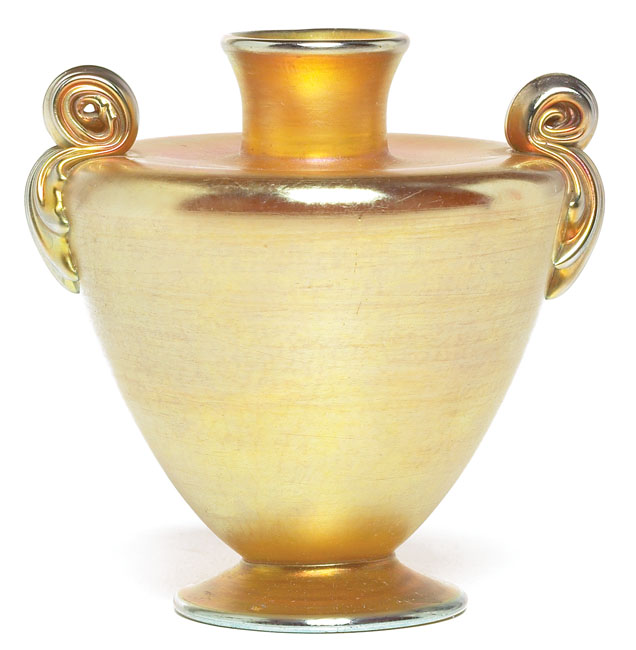 L C Tiffany vase bulbous form with two applied handles