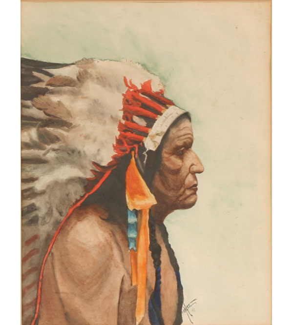 Profile portrait of Native American elder chief in full eagle
