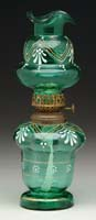 DECORATED GREEN GLASS MINI LAMP Unlisted Green glass base and