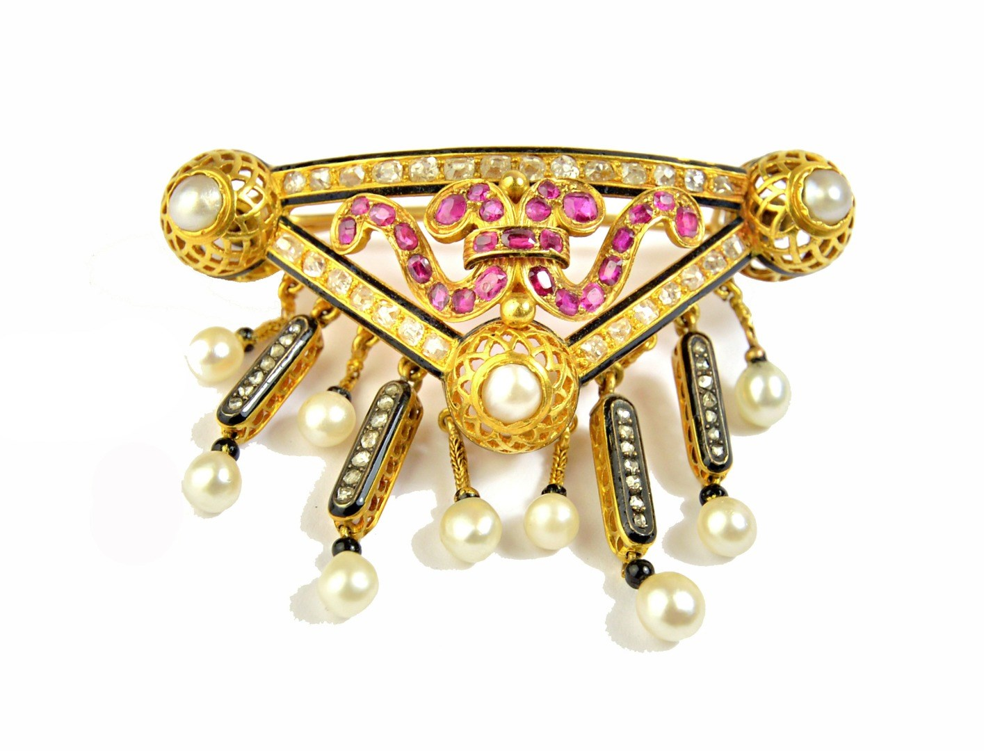 A gold ruby and diamond set enamelled and pearl brooch