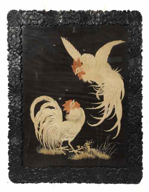 A JAPANESE SILKWORK PANEL portraying two fighting game cocks in