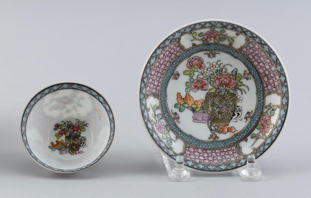 CHINESE EXPORT FAMILLE ROSE LOWESTOFT PORCELAIN CUP AND SAUCER MID