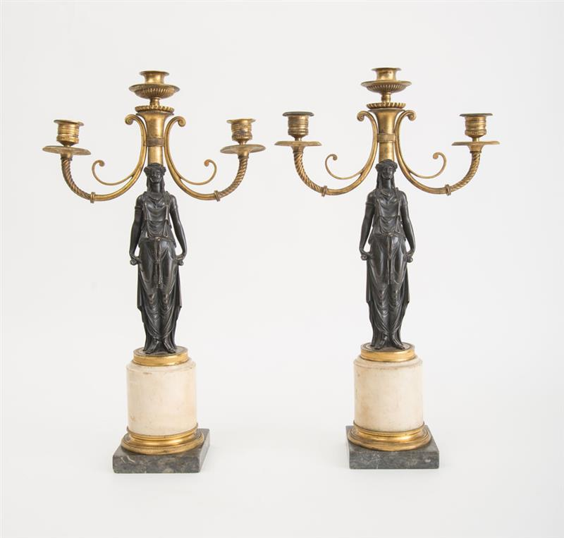 PAIR OF LATE DIRECTOIRE ORMOLU MOUNTED PATINATED BRONZE AND MARBLE