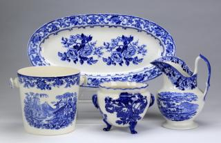 Group of four pieces of cobalt blue and white transferware