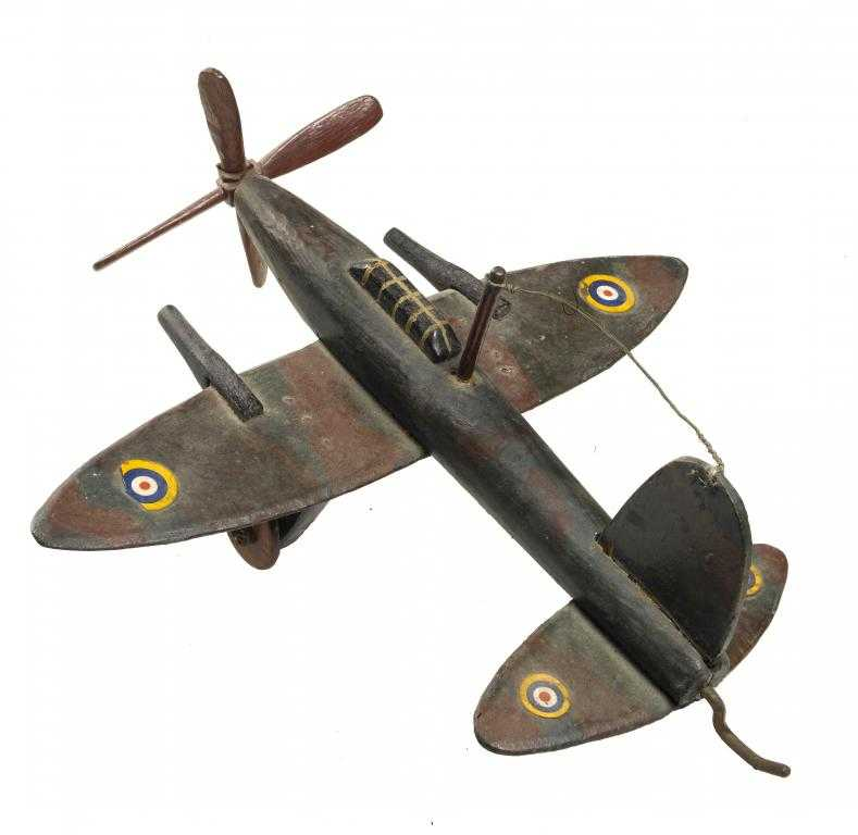 A PAINTED WOOD MODEL OF A SPITFIRE 32cm l faintly