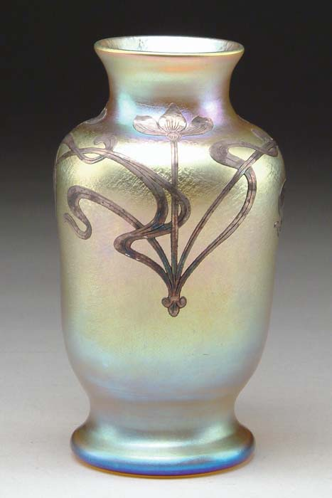 QUEZAL SILVER OVERLAY VASE Wonderful Quezal vase has flowing Art