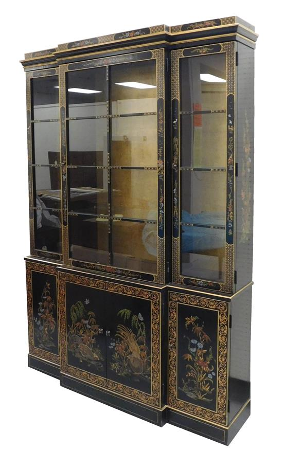 20th C Chinoiserie decorated breakfront display cabinet single piece black