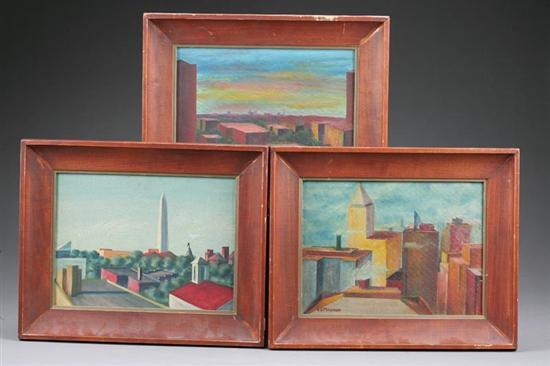 THREE OIL ON BOARD Similar cityscapes 8 1 4 h