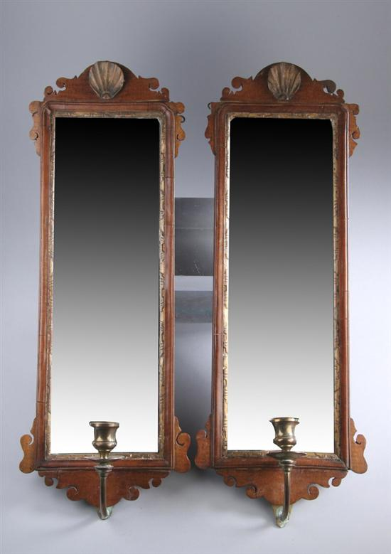 PAIR GEORGE II STYLE FIDDLEBACK MAHOGANY AND BRASS SINGLE LIGHT