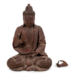 A Chinese Carved Wood Seated Buddha Height 33 x width