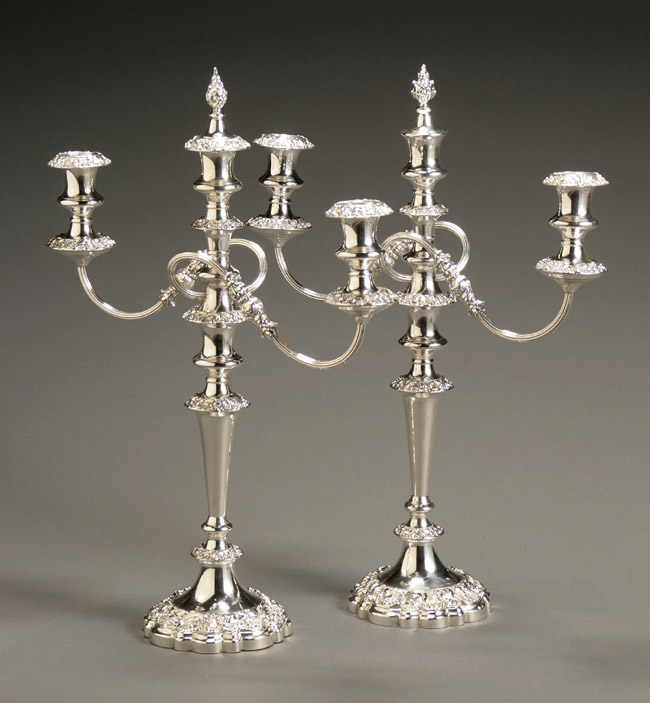 Pair of Sheffield Plate Convertible Three Light Candelabra First Quarter