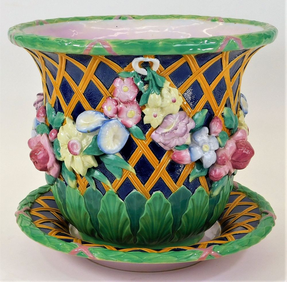 English Minton Majolica Flower Basket Jardiniere England Circa 1870 Large