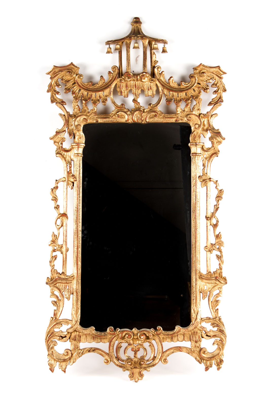 Chinese Chippendale style carved giltwood mirror openworked cresting with pagoda