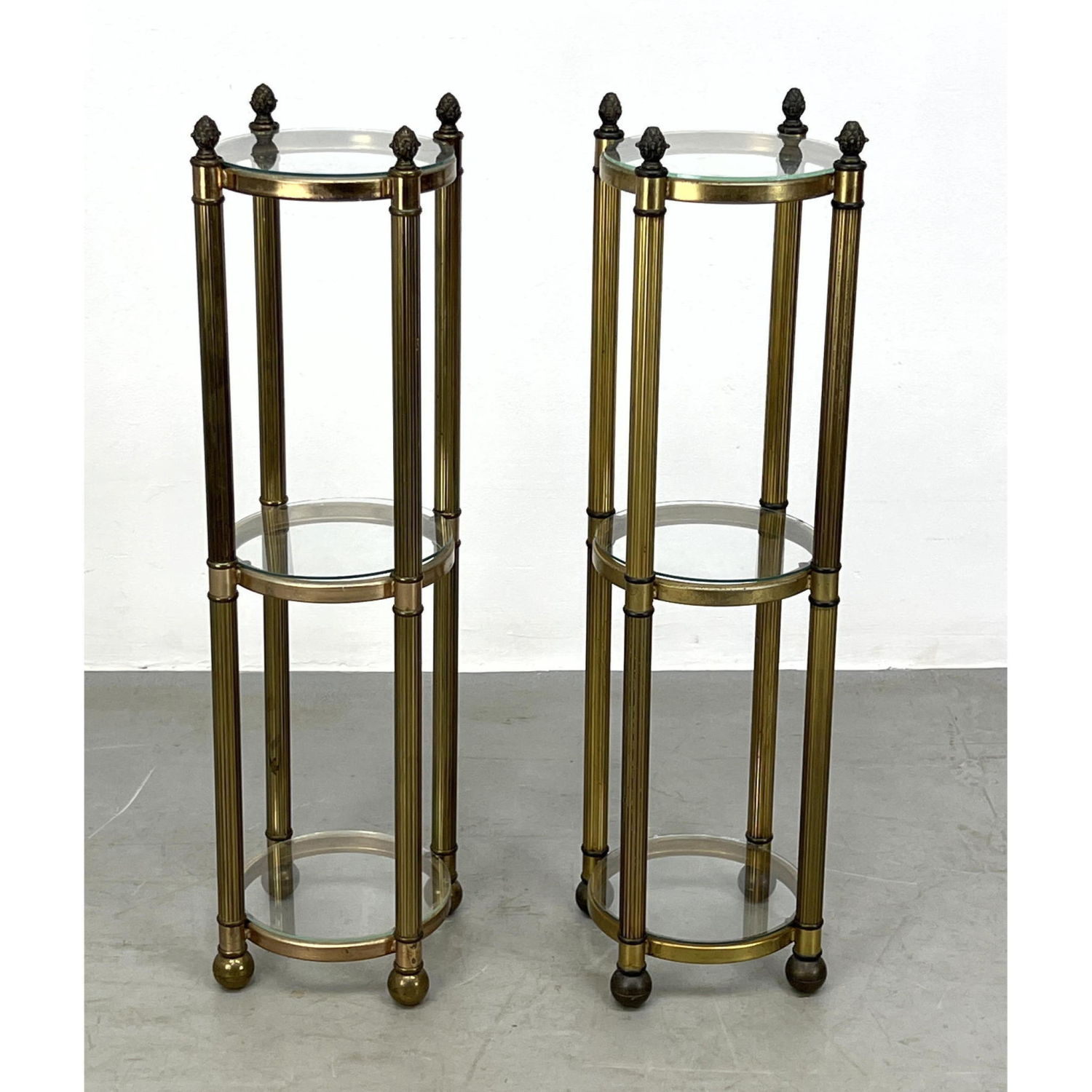 Pr Regency style Metal Glass Display Pedestals Stands three levels