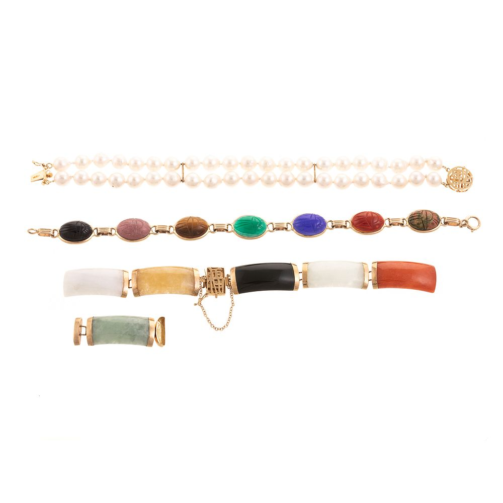 A Trio of 14K Bracelets in Jade Scarab Pearl 1