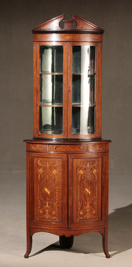 Edwardian Colored Marquetry Figured Mahogany Corner Vitrine Circa 1900 In