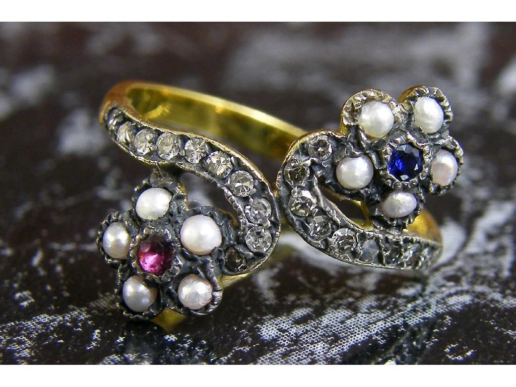 Attractive 18ct double ruby sapphire and pearl cluster ring size