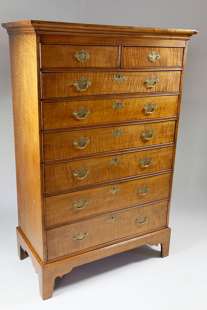 Rhode Island Tiger Maple Tall Chest of Drawers on Frame