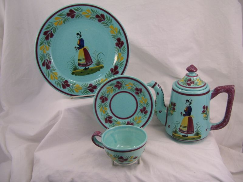 10pcs Turquoise Quimper Pottery Lot includes 5 Dinner plates 3