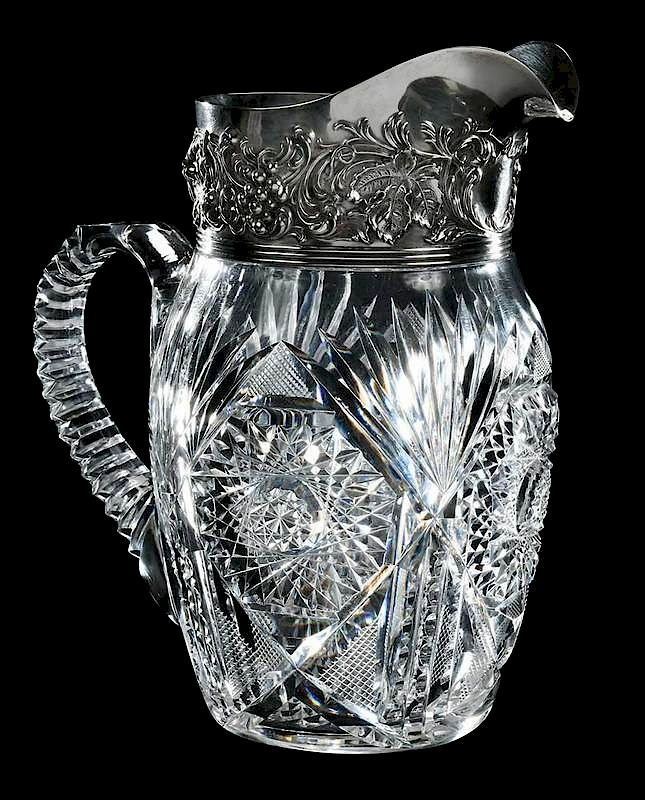 Silver Mounted Cut Glass Pitcher hobnail and fan motif grape