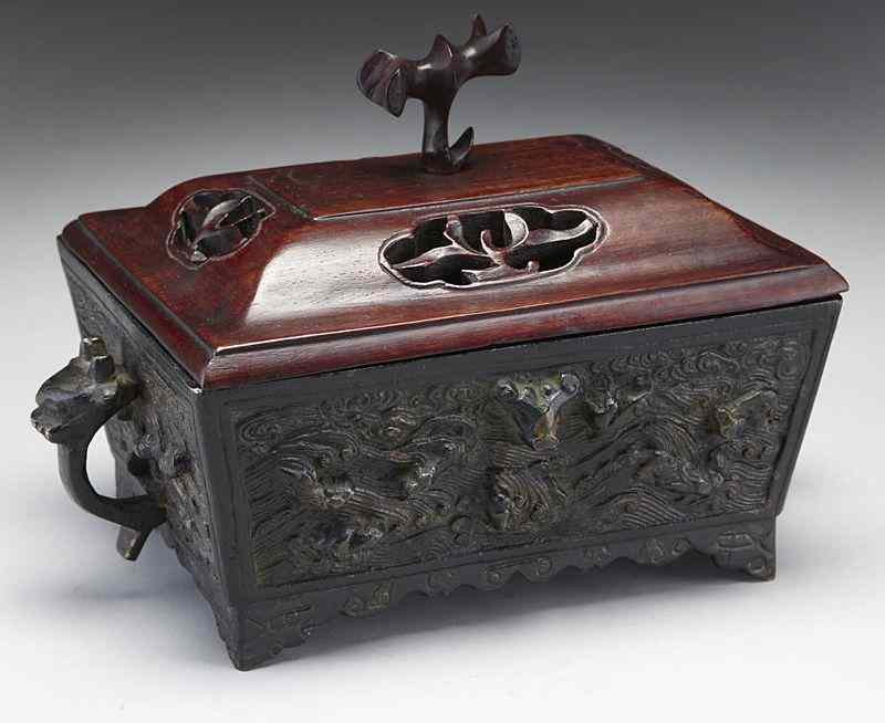 Chinese Qing bronze rectangular censerdepicting sea animals with two dragon