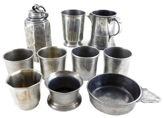 PEWTER Collection of assorted pewter vessels ten pieces porriger possibly