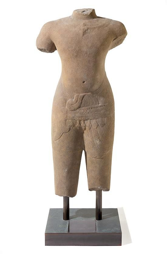A Khmer Baphuon Style Limestone Torso of Vishnu Height 43
