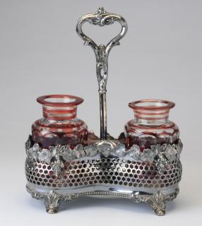 Ruby crystal decanters w silverplate holder Pair of ruby red
