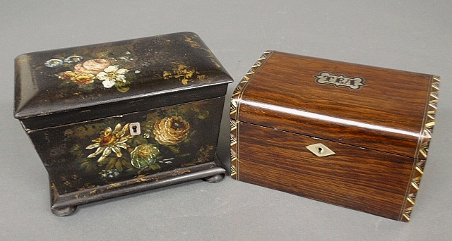 Victorian black and floral painted tea caddy 5 h x8