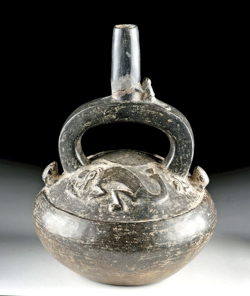 Chimu Blackware Pottery Stirrup Vessel w Animals Pre Columbian Central