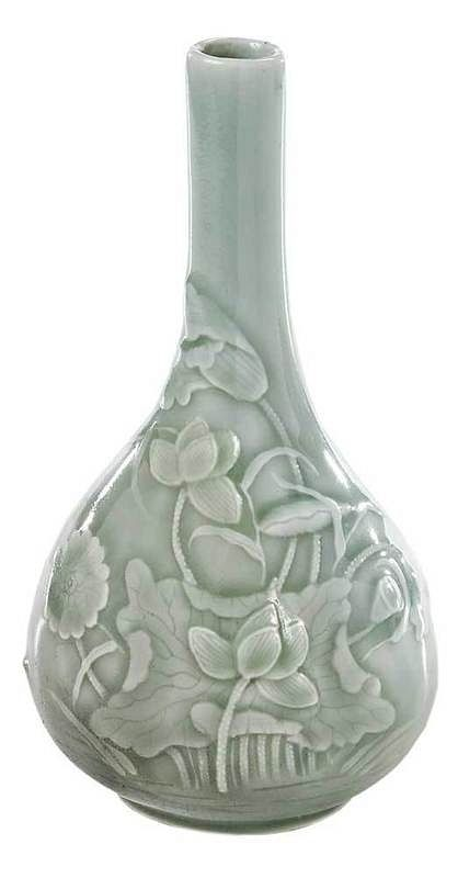 Celadon Bottle Vase with Relief Decoration finely carved depicting lotus