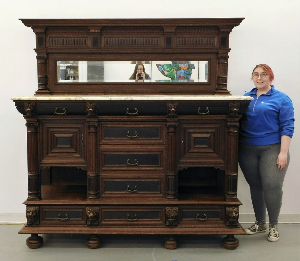 European Victorian Carved Oak Marble Sideboard Europe 19th Century Finely