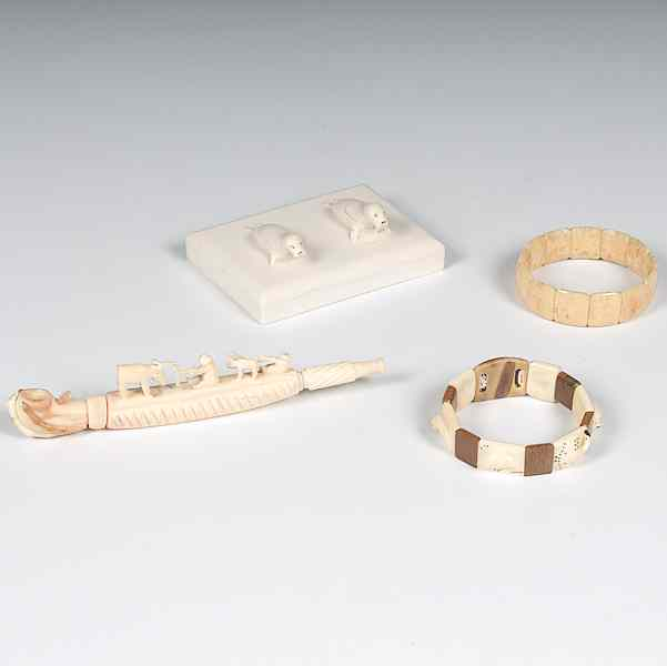 Eskimo Carved Ivory Bracelets Paper weight and Pipe Collected by