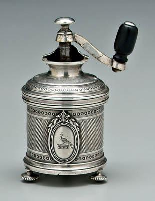 French silver pepper mill round with beaded borders central medallion