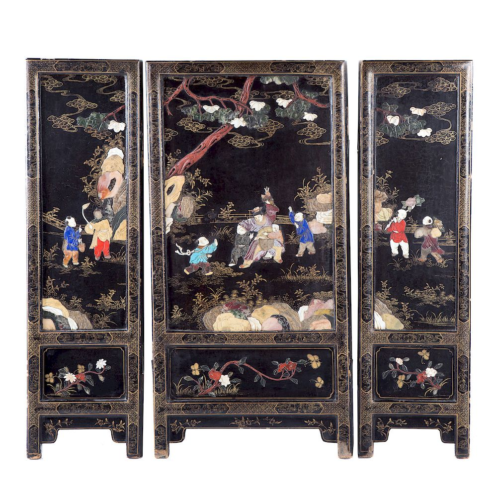 Chinese Lacquer Three Panel Table Screen late 19th century black
