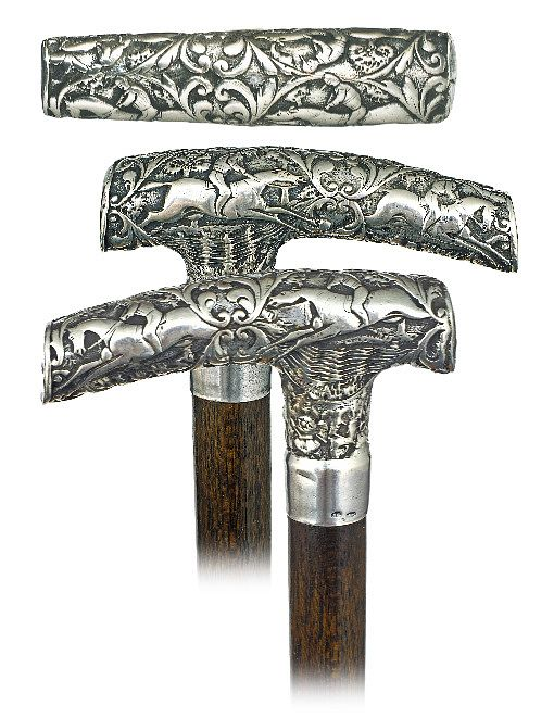 Silver Turf Cane Ca 1880 Classic Opera shaped silver handle