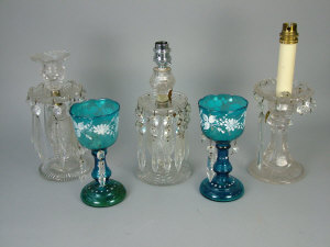 A pair of Bohemian blue glass lustres with foliate white
