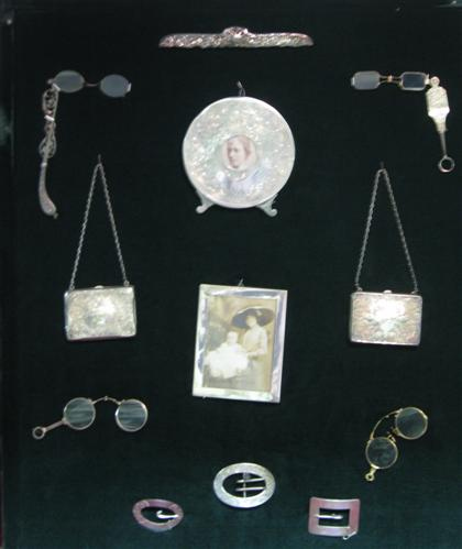 Shadow box framed Victorian silver momentoes19th century