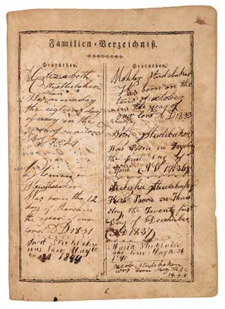 THE BIRTH REGISTER OF THE FAMOUS STUDEBAKER BROTHERS BIBLE IN