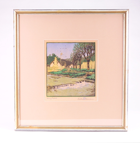 GUSTAVE BAUMANN Color woodblock print Spring Freshet with a rural